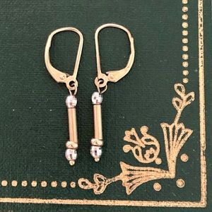 14kt Yellow & White Gold Tube Bead Disco Ball Dangle Earrings 1.5"